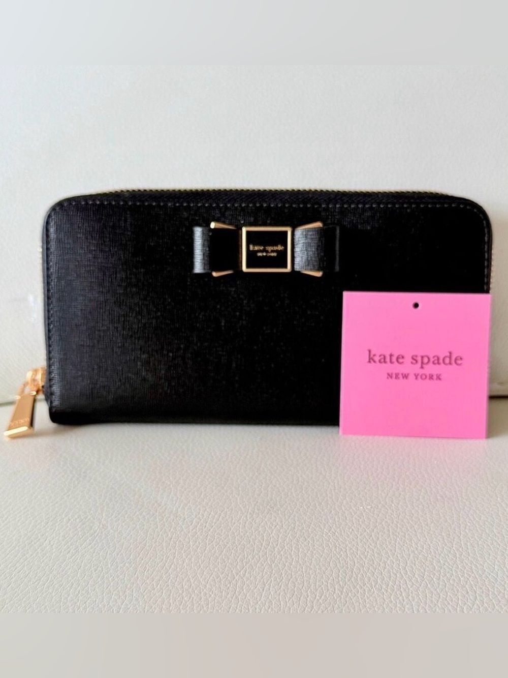 NWT Kate Spade Black Leather Morgan Bow Embellished Zip Around Continental Walle